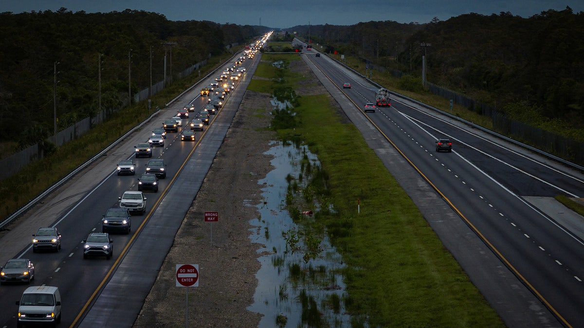 A drone view shows commuters driving east from the west coast ahead of the arrival of Hurricane Milton