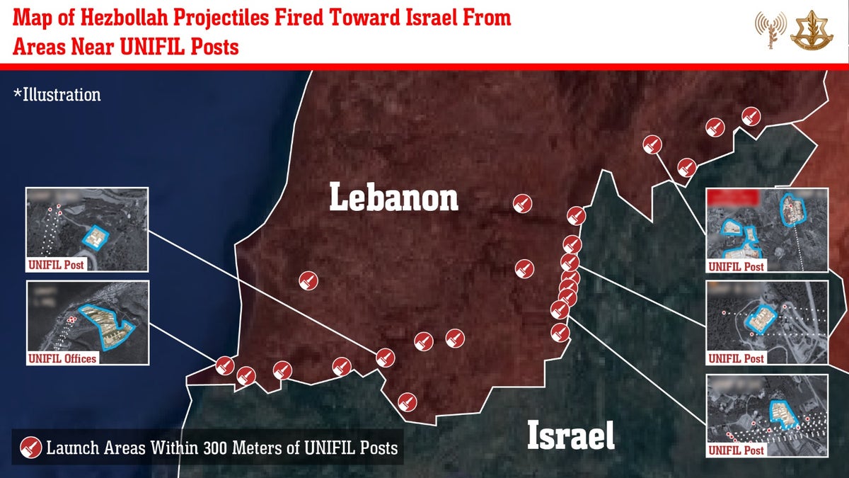 An IDF infographic showing what it claims are Hezbollah launches toward Israel from locations near UNIFIL posts.