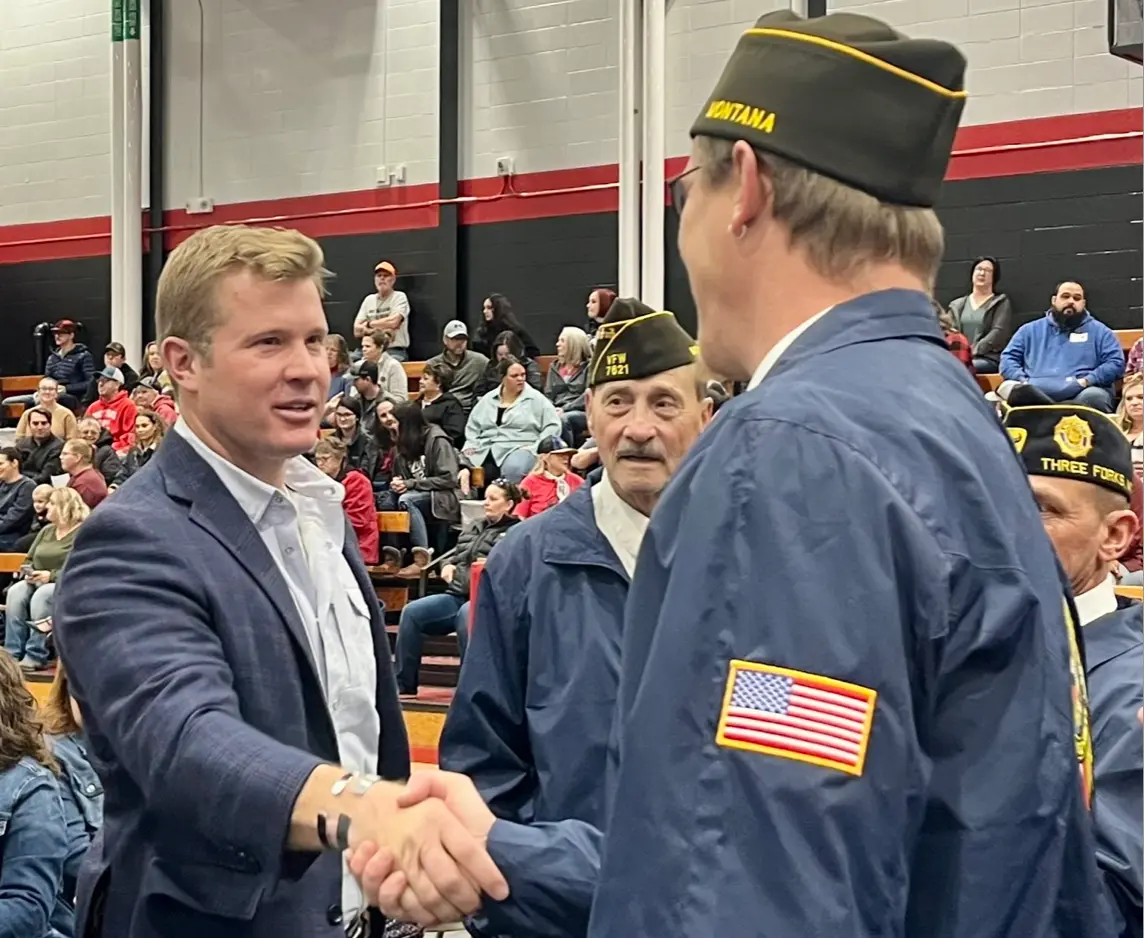 U.S. Senate candidate Tim Sheehy (R-Mont.) greets fellow veterans during a campaign rally in Three Forks, Mont., on Nov. 9, 2023. (Courtesy of Tim Sheehy For U.S. Senate)