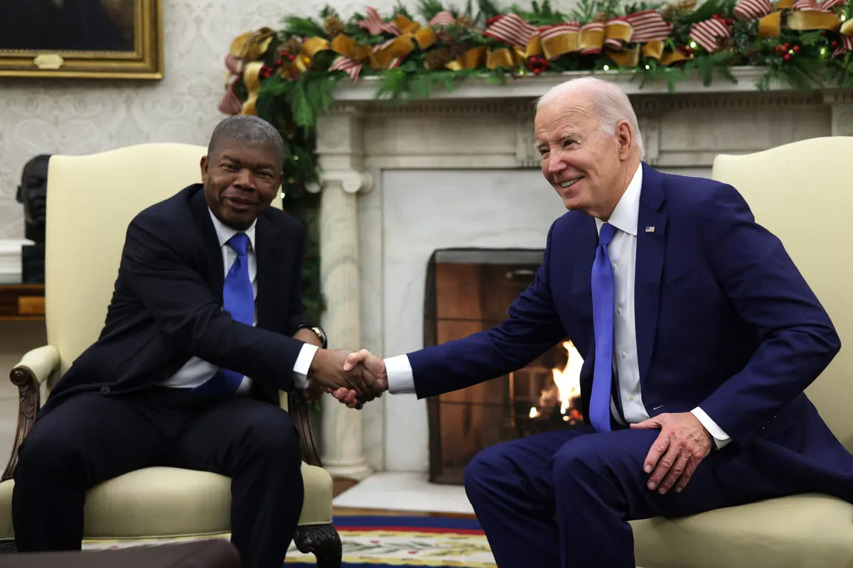 President Joe Biden shakes hands with President Joao Lourenco of Angola during a meeting in the Oval Office on Nov. 30, 2023. (Alex Wong/Getty Images)