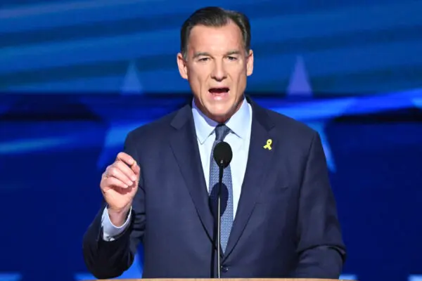 Rep. Tom Suozzi (D-N.Y.) speaks on the third day of the Democratic National Convention at the United Center in Chicago on Aug. 21, 2024. (Mandel Ngan/AFP via Getty Images)