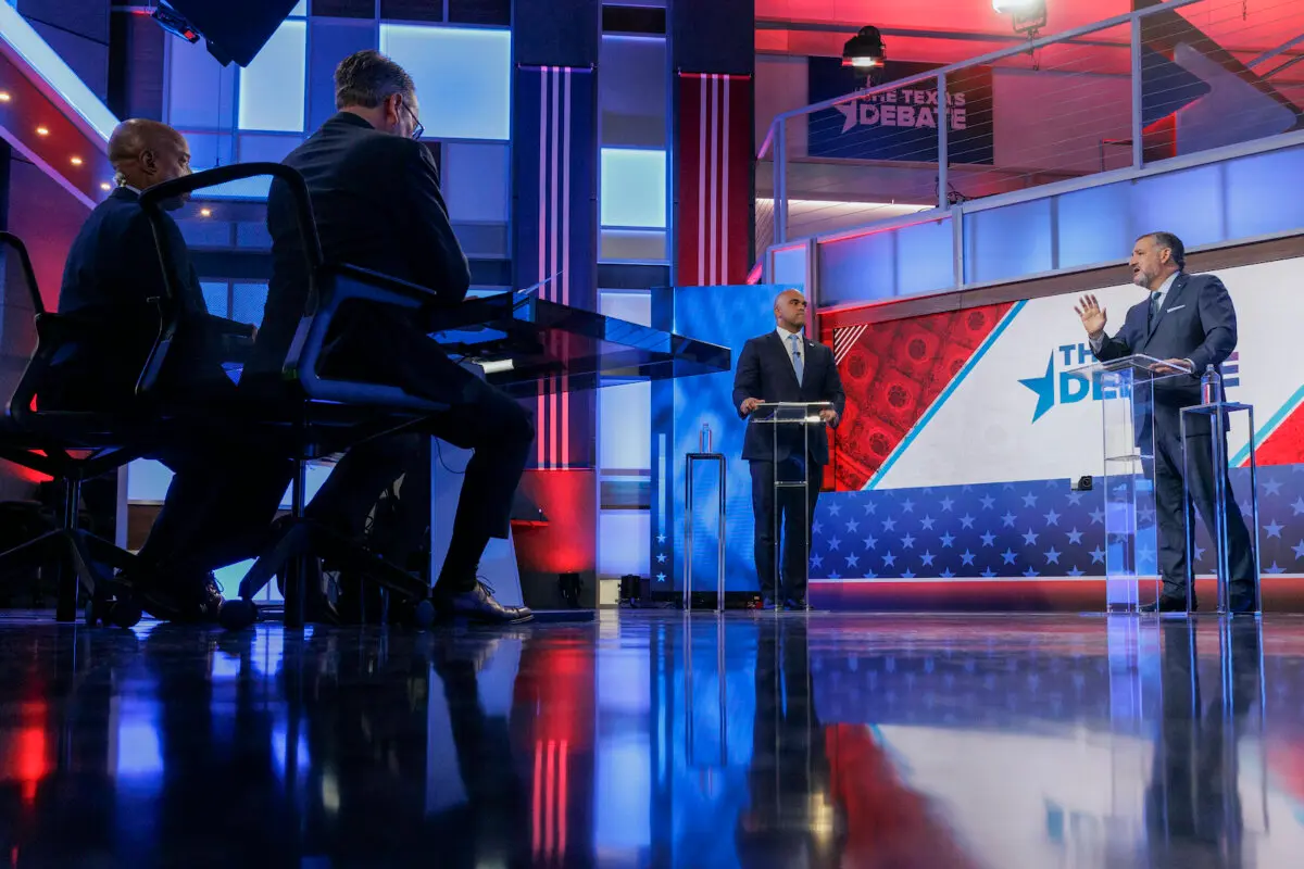 Sen. Ted Cruz (R-Texas), right, speaks during a U.S. Senate debate with Rep. Colin Allred (D-Texas) in Dallas on Oct. 15, 2024. (Shelby Tauber/Texas Tribune via AP, Pool)