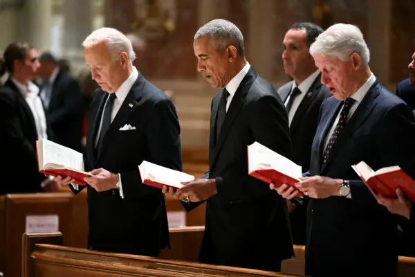 (L–R) President Joe Biden, former President Barack Obama, and former President Bill Clinton at the memorial service for Ethel Kennedy, the wife of the late Sen. Robert F. Kennedy, at the Cathedral of St. Matthew the Apostle in Washington on Oct. 16, 2024. (Mandel Ngan/AFP via Getty Images)