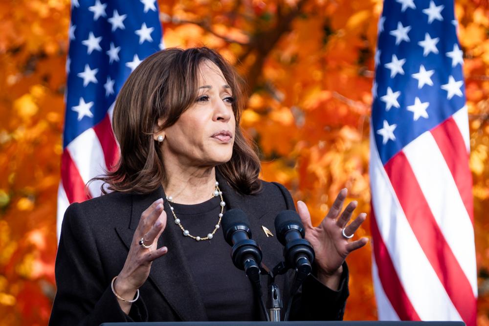 Democratic presidential candidate Vice President Kamala Harris speaks in Grand Rapids, Mich., on Oct. 18, 2024. (Madalina Vasiliu/The Epoch Times)