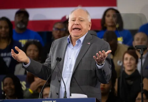 Democratic vice presidential nominee Tim Walz speaks in Durham, N.C., on Oct. 17, 2024. (John Fredricks/The Epoch Times)