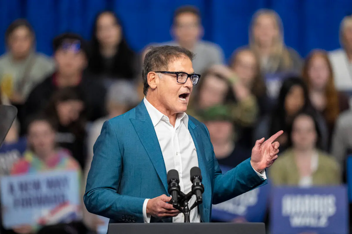 Businessman and television personality Mark Cuban addresses a rally for Democratic presidential nominee Vice President Kamala Harris in La Crosse, Wis., on Oct. 17, 2024. (Andy Manis/Getty Images)