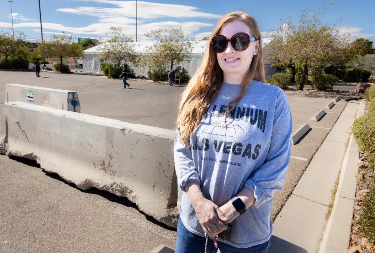 Shonna Wolkov stands outside a voting area in northwestern Las Vegas, Nev., on Oct. 19, 2024. (John Fredricks/The Epoch Times)