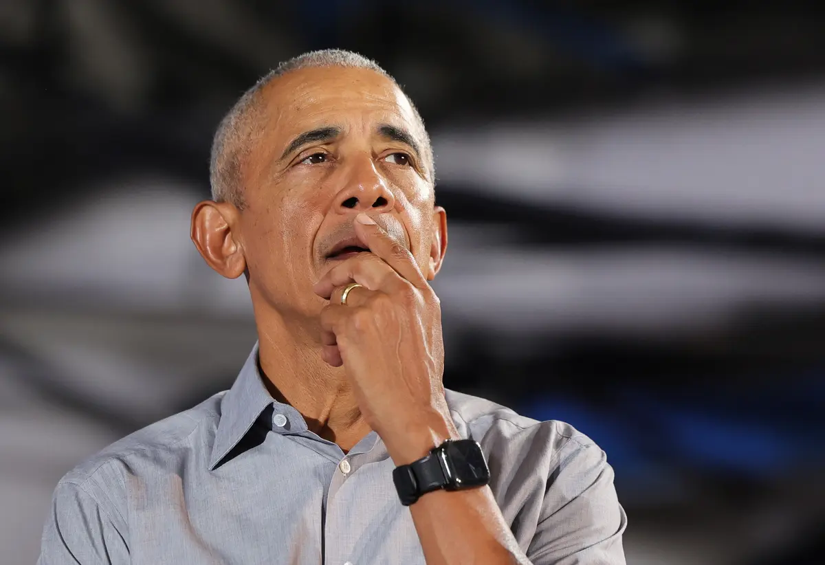 Former President Barack Obama pauses as he speaks during a get-out-the-vote rally as he campaigns for Democratic presidential nominee and Vice President Kamala Harris, her running mate, Minnesota Gov. Tim Walz, and Nevada Democratic candidates on the ballot on the first day of early voting at Cheyenne High School in North Las Vegas, Nevada, on Oct. 19, 2024 (Ethan Miller/Getty Images)