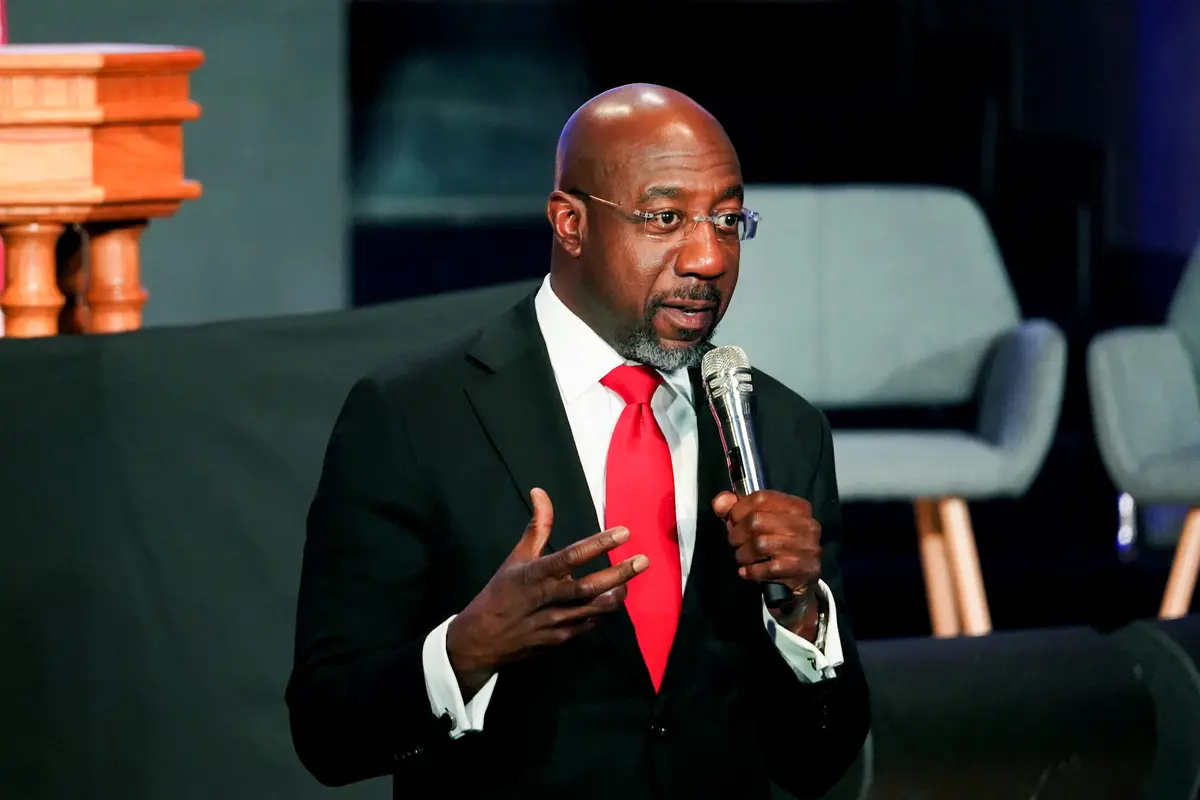 Sen. Raphael Warnock (D-Ga.) speaks ahead of Democratic presidential candidate, Vice President Kamala Harris, during a campaign event at Divine Faith Ministries International on Oct. 20, 2024 in Jonesboro, Georgia. (Megan Varner/Getty Images)