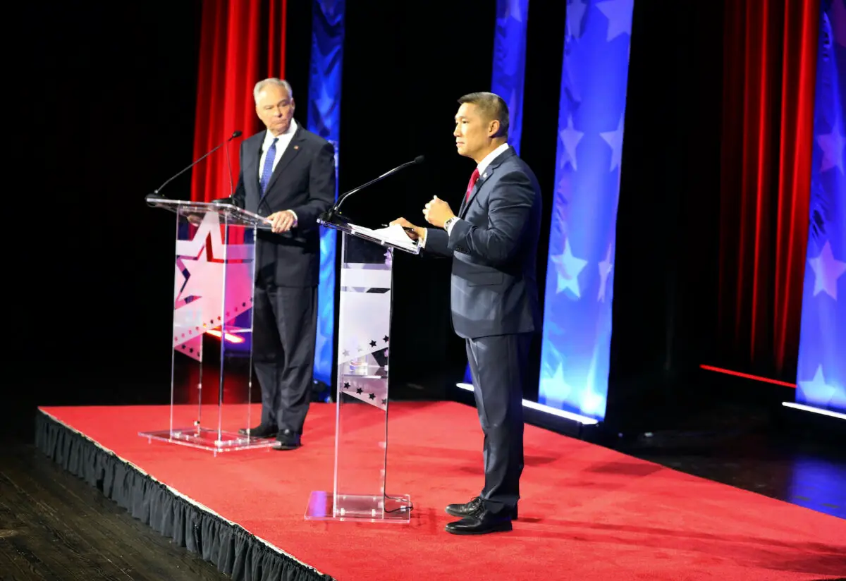 U.S. Sen. Tim Kaine of Virginia, left, debates Republican challenger Hung Cao at Norfolk State University in Norfolk, Va., on Oct. 2, 2024. (Nextstar/WAVY-TV via AP, Pool)