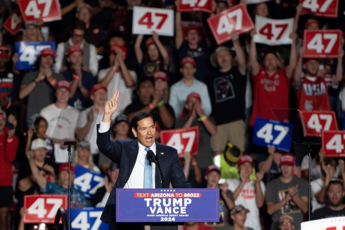 Sen. Marco Rubio (R-Fla.) speaks during a campaign rally for former President and Republican presidential candidate Donald Trump at Mullett Arena in Tempe, Ariz., on Oct. 24, 2024. (Rebecca Noble/AFP via Getty Images)