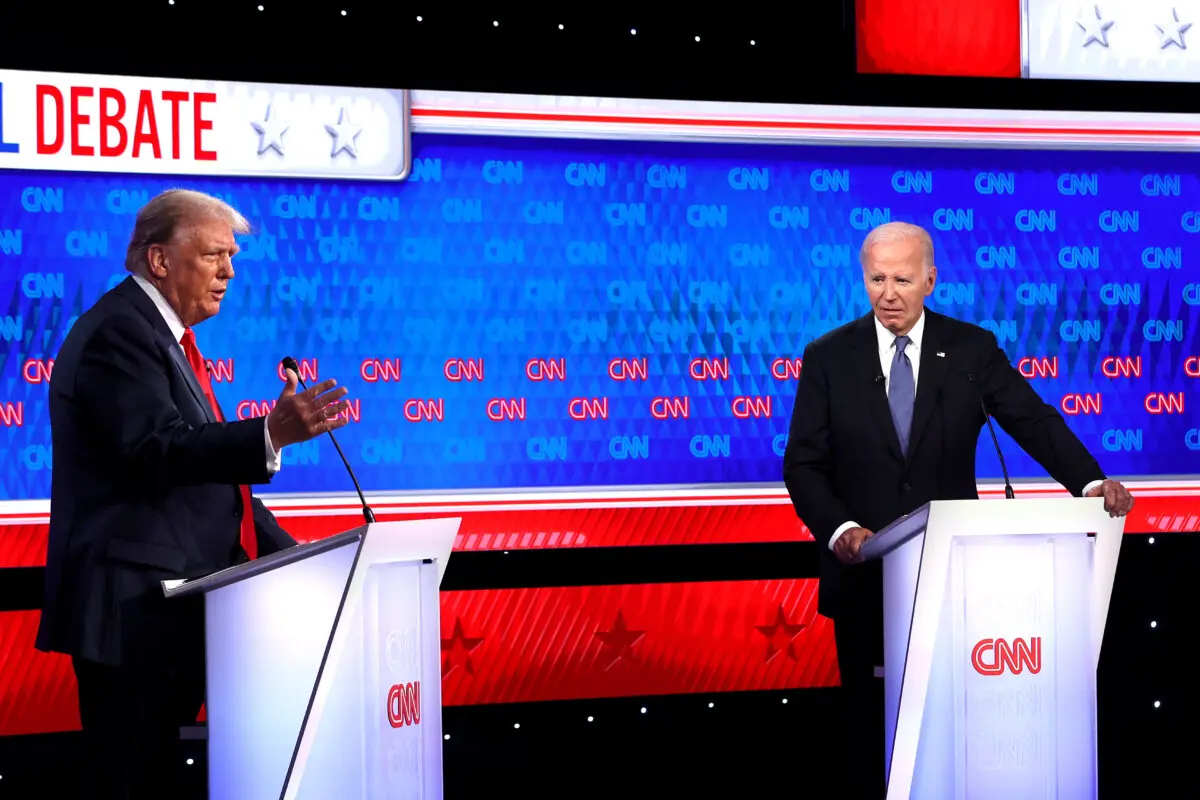 President Joe Biden (R) and Republican presidential candidate, former President Donald Trump, participate in the CNN Presidential Debate at the CNN Studios in Atlanta on June 27, 2024. (Justin Sullivan/Getty Images)