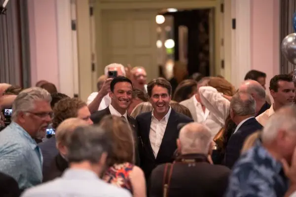 U.S. Senate candidate for New Jersey Curtis Bashaw (R) with New Jersey Republican state Sen. Michael Testa (L) after Bashaw won the Republican primary, in Cape May, N.J., on June 4, 2024. (Madalina Vasiliu/The Epoch Times)