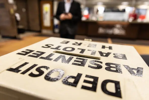 An absentee ballot box in Brown Deer, Wis., on Oct. 22, 2024. (John Fredricks/The Epoch Times)