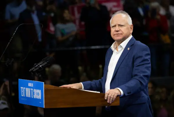 VP elect Tim Walz speaks in Madison, Wis., on Oct. 22, 2024. (John Fredricks/The Epoch Times)