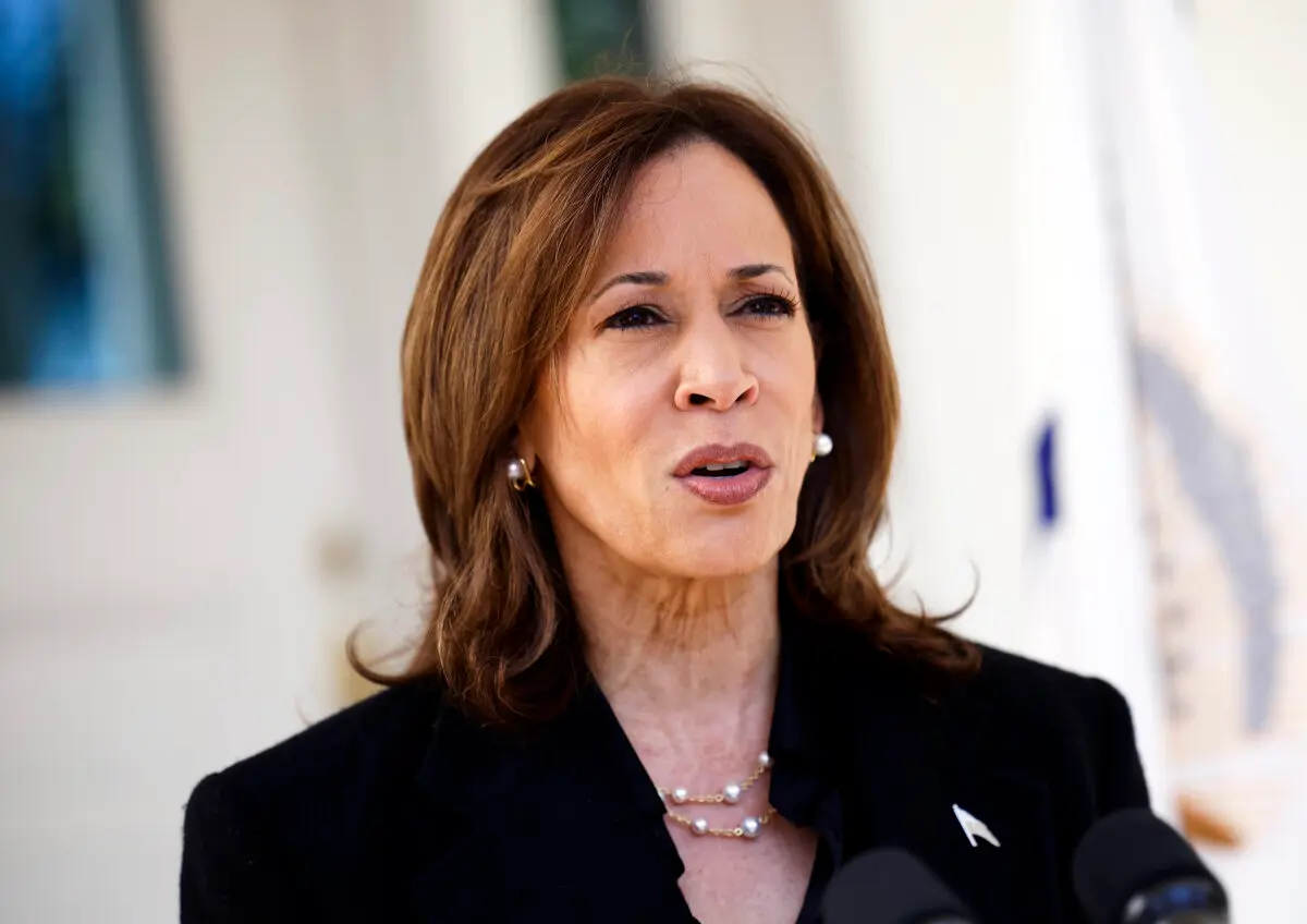 Democrat presidential nominee, U.S. Vice President Kamala Harris delivers remarks before departing the vice president’s residence on Oct. 23, 2024, in Washington. (Kevin Dietsch/Getty Images)