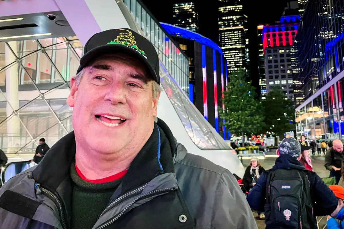 Bill Robinson, 65, of Asheville, N.C., arrived two days before a rally for former President Donald Trump at Madison Square Garden in New York City. He was photographed on Oct. 26, 2024. The rally is scheduled for Oct. 27, 2024. (Janice Hisle/The Epoch Times)