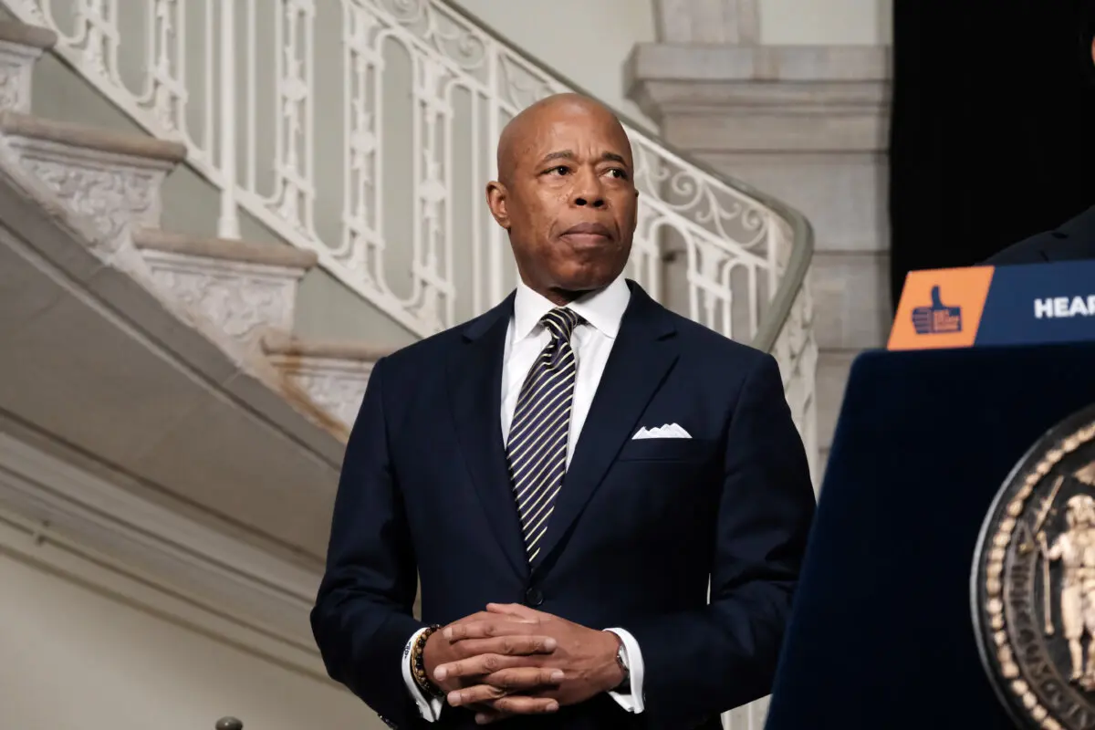 Mayor Eric Adams listens during a briefing on security preparations ahead of former President Donald Trump's arrival in New York City on April 03, 2023. (Spencer Platt/Getty Images)