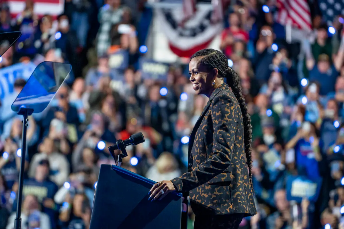 Former First Lady Michelle Obama speaks at Wings Event Center in Kalamazoo, Mich., on Oct. 26, 2024. (Madalina Vasiliu/The Epoch Times)