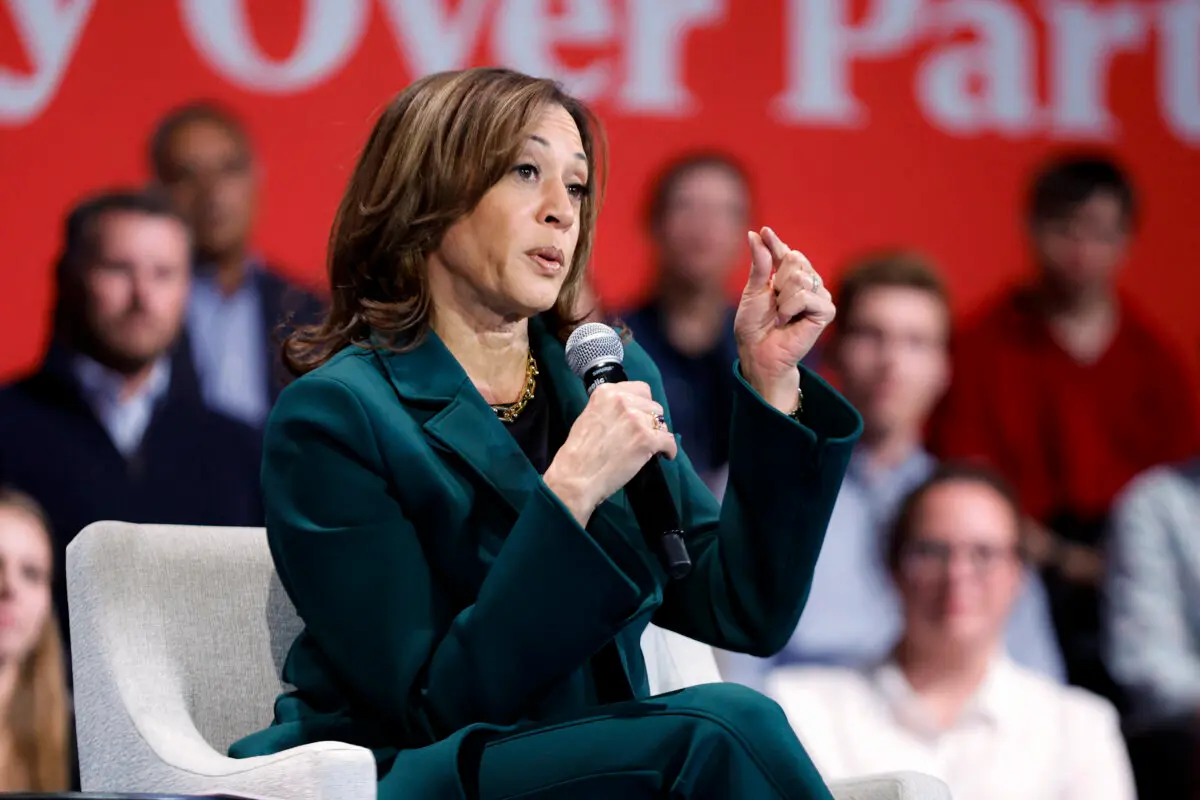 Vice President Kamala Harris speaks during a moderated conversation with former Rep. Liz Cheney (out of frame) at Sharon Lynne Wilson Center for the Arts in Brookfield, Wis., on Oct. 21, 2024. (Kamil Krzaczynski/AFP)