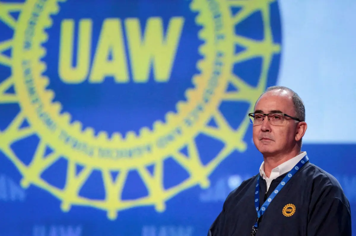 UAW President Shawn Fain chairs the 2023 Special Elections Collective Bargaining Convention in Detroit, Mich., on March 27, 2023. (Rebecca Cook/Reuters)