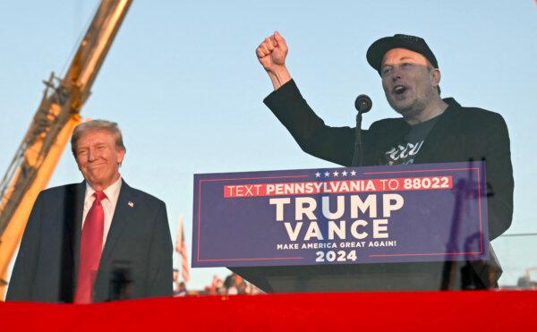 Tesla CEO Elon Musk (R) speaks on stage as he joins former President and Republican presidential candidate Donald Trump during a campaign rally at the site of his first assassination attempt in Butler, Pa., on Oct. 5, 2024. (Jim Watson/AFP)