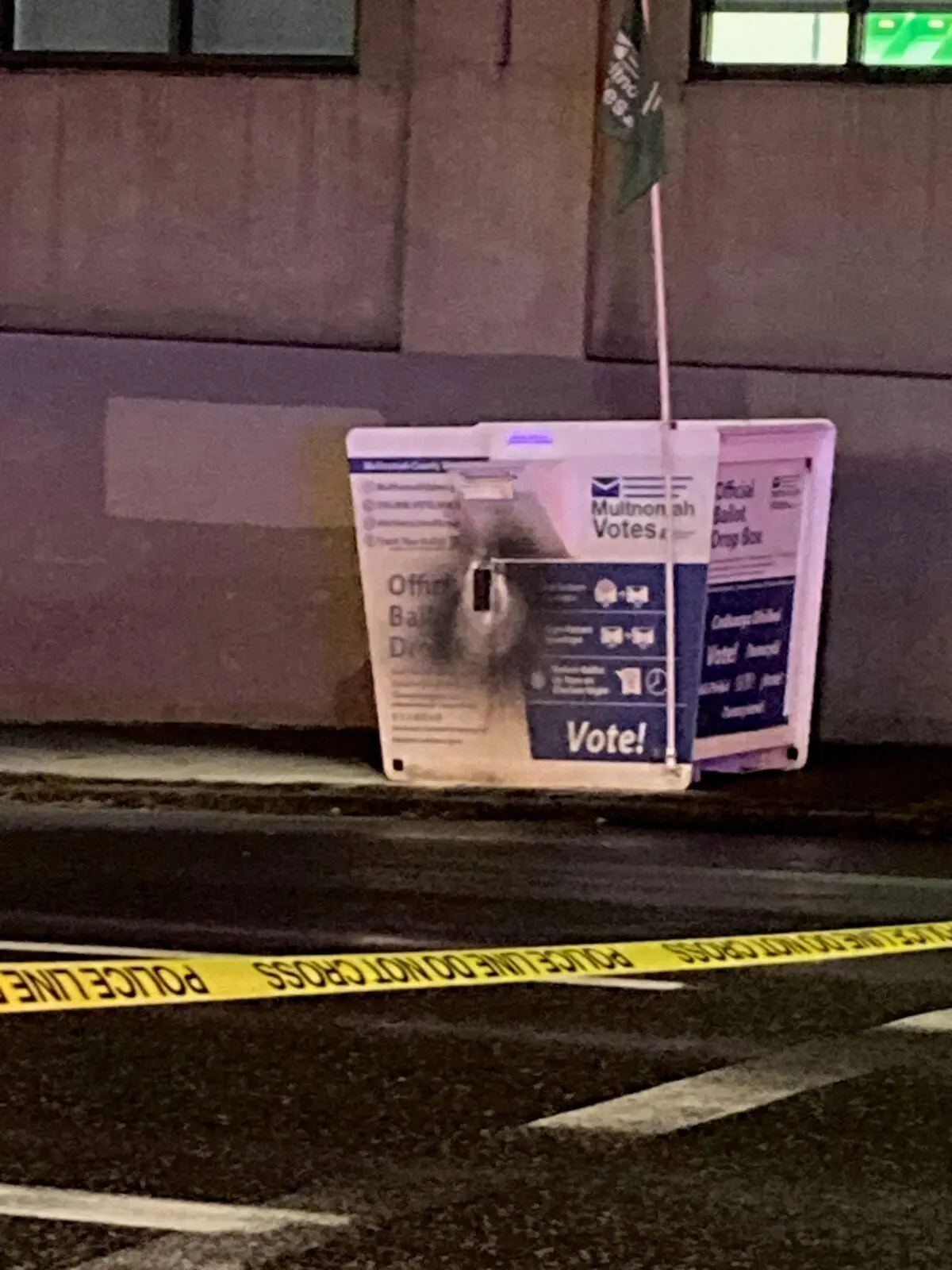 A ballot drop box in Portland, Ore., caught on fire after an incendiary device was placed on it on Oct.  28, 2024, local police said. (Portland Police Bureau)