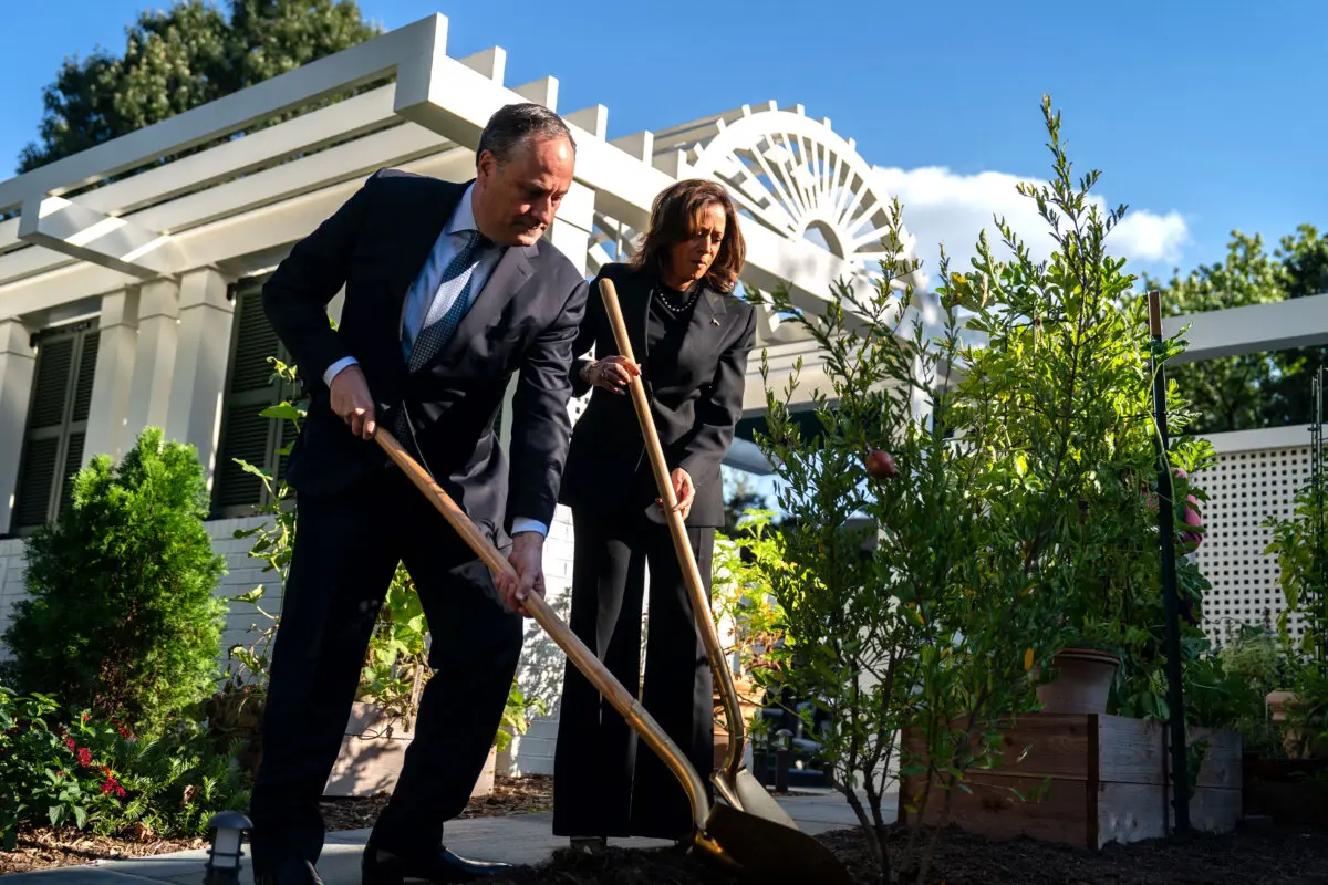 Second Gentleman Doug Emhoff and Vice President Kamala Harris plant a pomegranate tree at the vice president's residence at the U.S. Naval Observatory in Washington on Oct. 7, 2024. (Kent Nishimura/Getty Images)