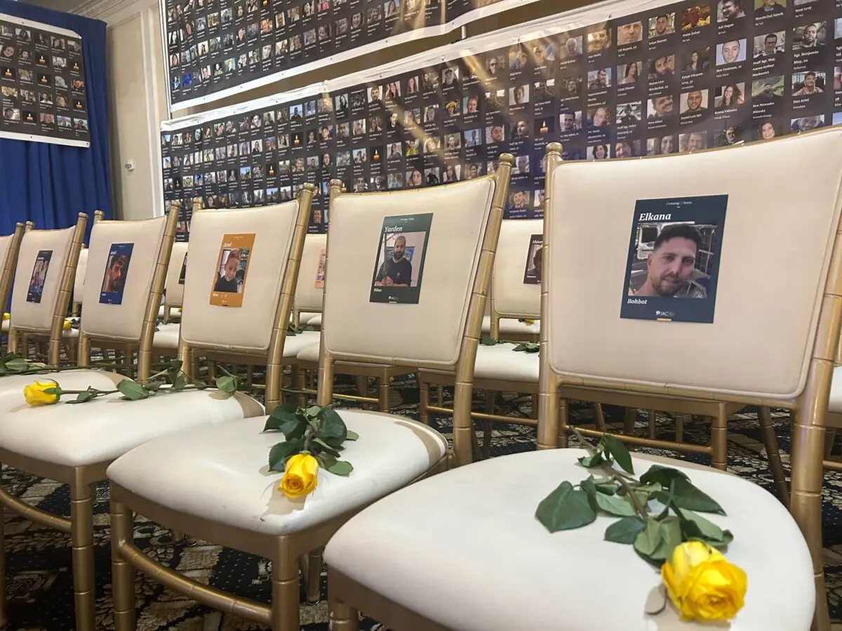 Honoring people who were killed or taken hostage by terrorists who attacked Israel in 2023, photographs were displayed at the Trump National Doral Miami on the anniversary of the attack, Oct. 7, 2024. (Iris Tao/NTD News for The Epoch Times)