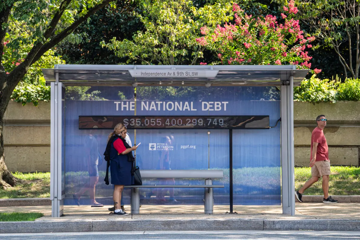 The national debt clock at a bus station in Washington on Aug. 6, 2024. (Madalina Vasiliu/The Epoch Times)