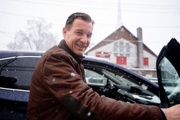 Rep. Tom Suozzi (D-N.Y.) on the campaign trail outside his Westbury campaign office in Westbury, N.Y., on Feb. 13, 2024. (Samira Bouaou/The Epoch Times)