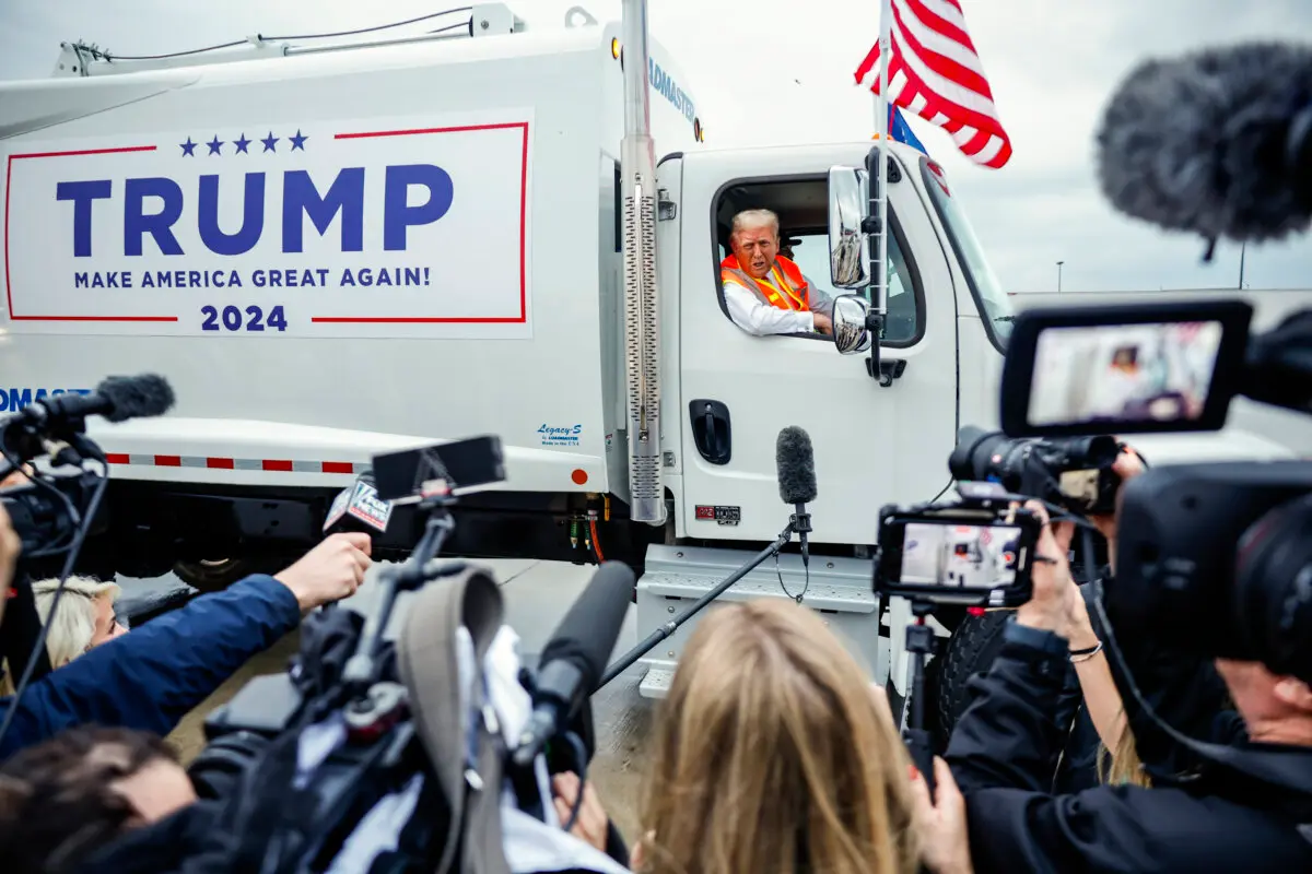 Republican presidential nominee, former President Donald Trump holds a press conference from inside trash hauler at Green Bay Austin Straubel International Airport in Green Bay, Wis., on Oct. 30, 2024. (Chip Somodevilla/Getty Images)