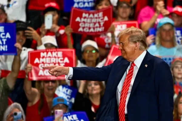 Former U.S. President and Republican presidential candidate Donald Trump gestures as he leaves a campaign rally in Rocky Mount, N.C., on Oct. 30, 2024. (Chandan Khanna/AFP via Getty Images)