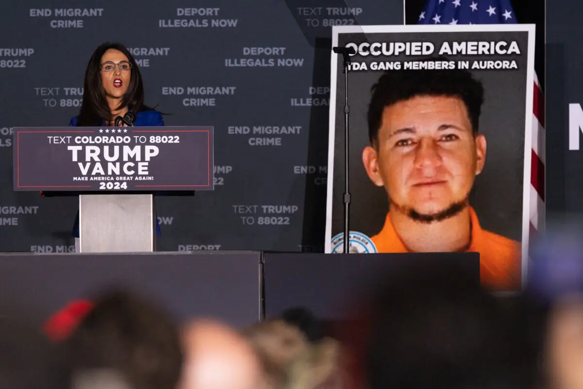 Rep. Lauren Boebert (R-Colo.) speaks in Aurora, Colo., on Oct. 11. (John Fredricks/The Epoch Times)