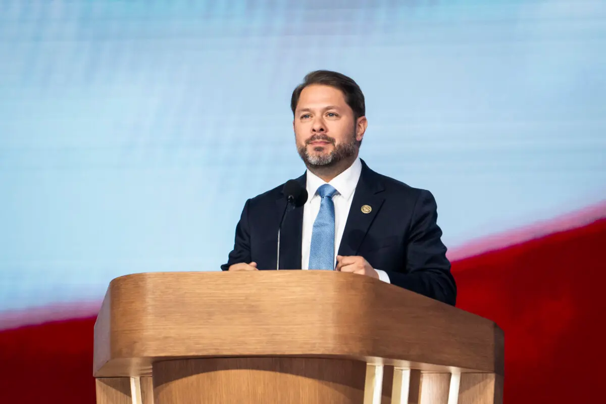 Rep. Ruben Gallego (D-Ariz.) speaks during the last day of the Democratic National Convention in Chicago on Aug. 22, 2024. (Madalina Vasiliu/The Epoch Times)