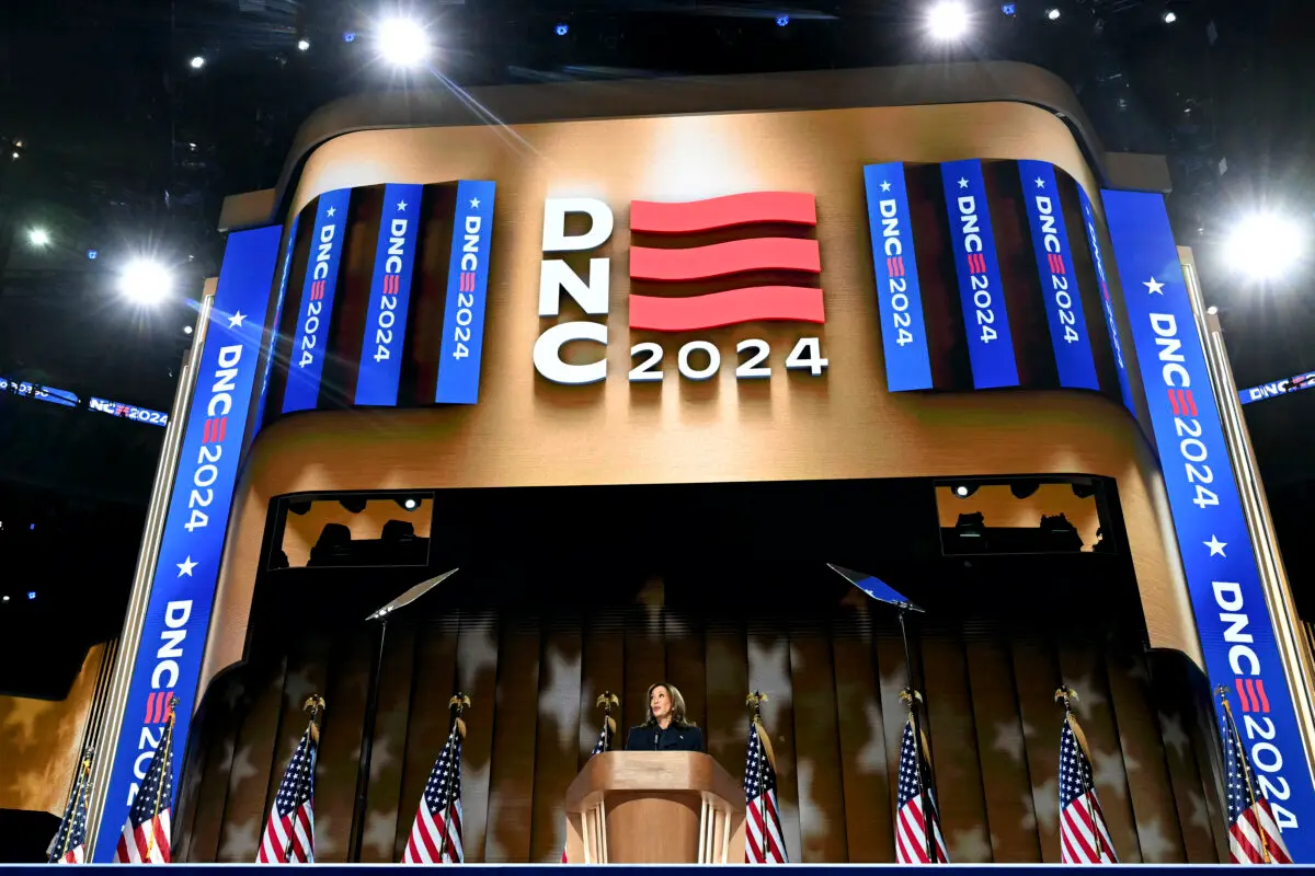 Vice President Kamala Harris speaks on the fourth and last day of the Democratic National Convention  at the United Center in Chicago on Aug. 22. (Andrew Caballero-Reynolds/AFP via Getty Images)