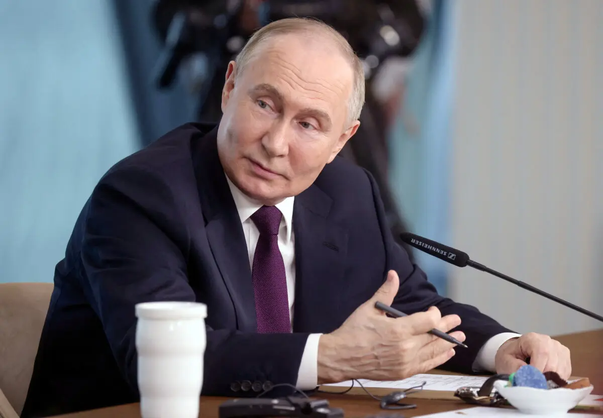 Russian President Vladimir Putin speaks during a meeting with senior editors from international news agencies in Saint Petersburg, Russia, on June 5. (Sputnik/Valentina Pevtsova/Pool via Reuters)