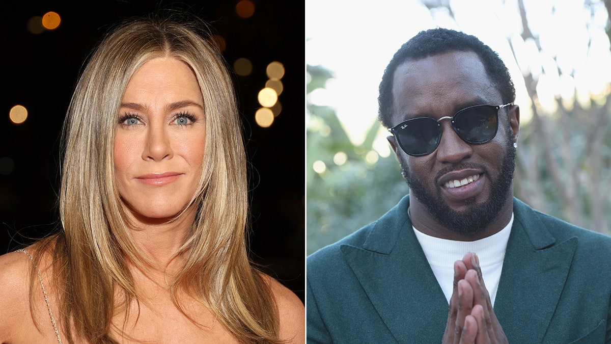 Jennifer Aniston soft smiles on the carpet in close up split Diddy in a green sweater puts his hands together as if he's praying