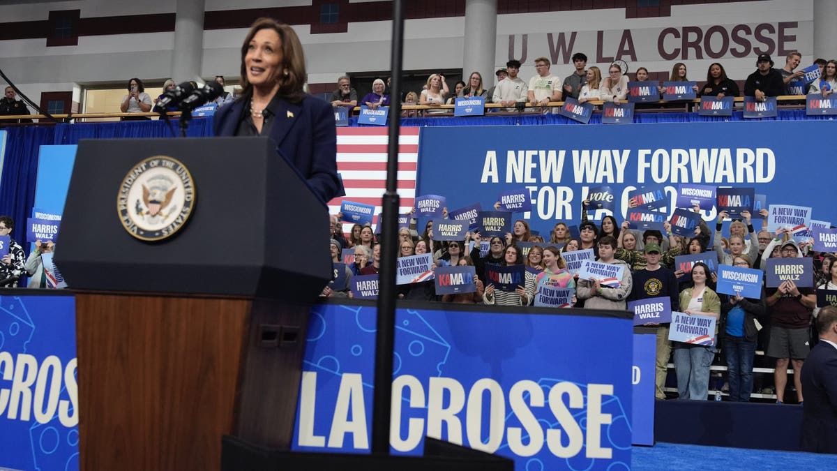 Vice President Kamala Harris speaks during a campaign rally at the University of Wisconsin La Crosse in La Crosse, Wisconsin, on Thursday.