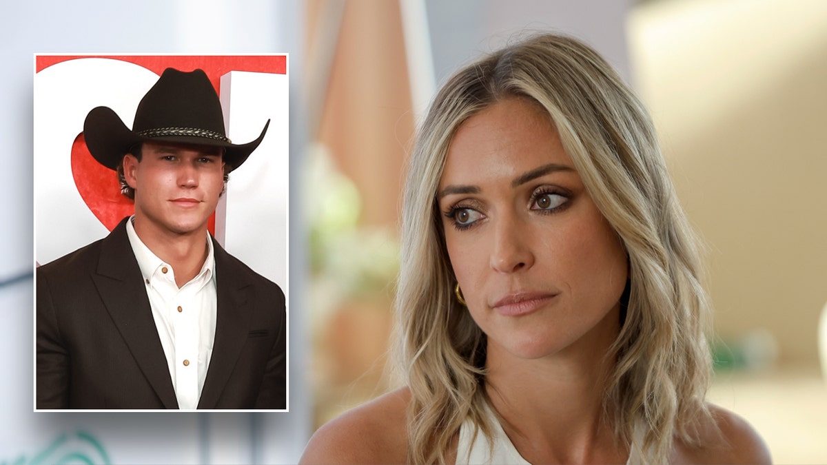 Kristin Cavallari shows off tan shoulders in a white vest alongside Mark Estes in a black cowboy hat.