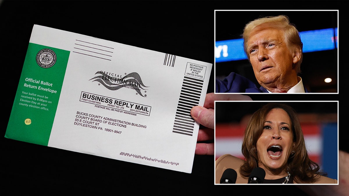 A Mail-in ballot next to Trump and Harris