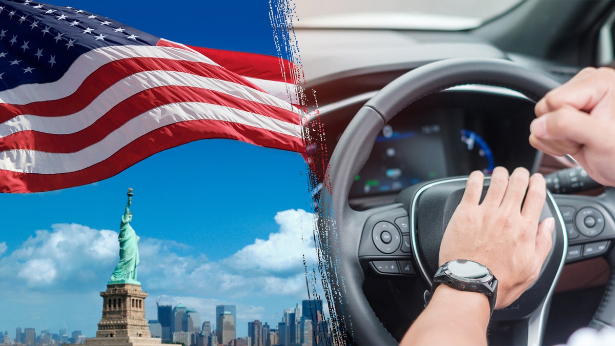 On the left, an American flag with New York City in the background, on the right, a person honking a car horn