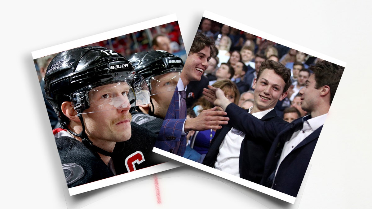 An ice hockey rink in the background and separate photos of the Staal brothers and the Hughes brothers of the NHL