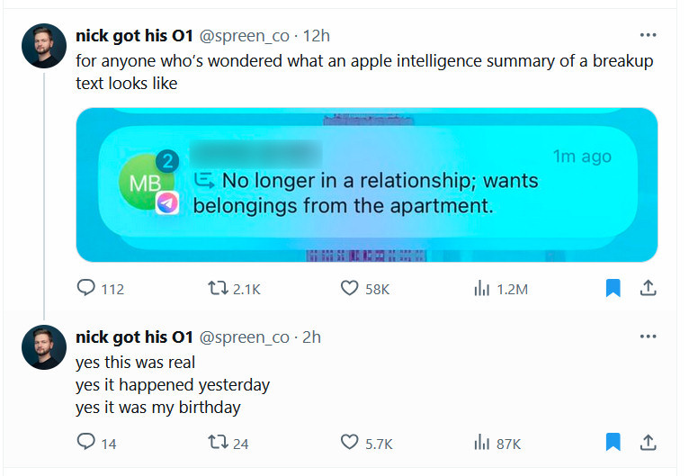 Screenshots of Nick Spreen's tweets on the Apple Intelligence break-up, captured October 10, 2024.