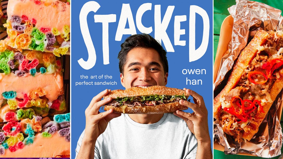 A triple split image of sherbet sandwiches, the cover of STACKED: The Art of the Perfect Sandwich, and a cheesesteak.