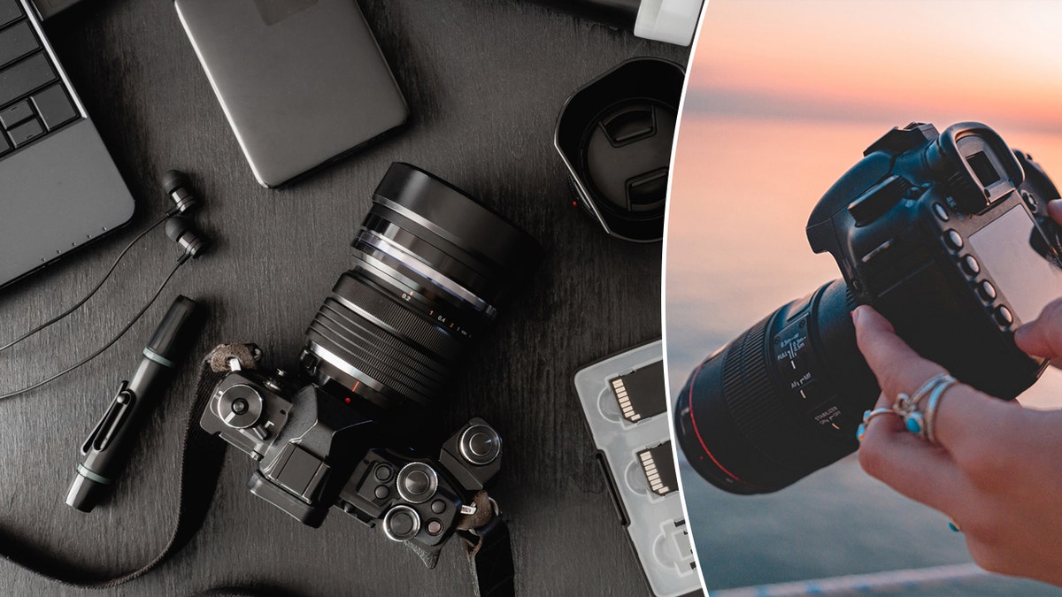 Photography equipment on the left and a close up of person holding camera on right 