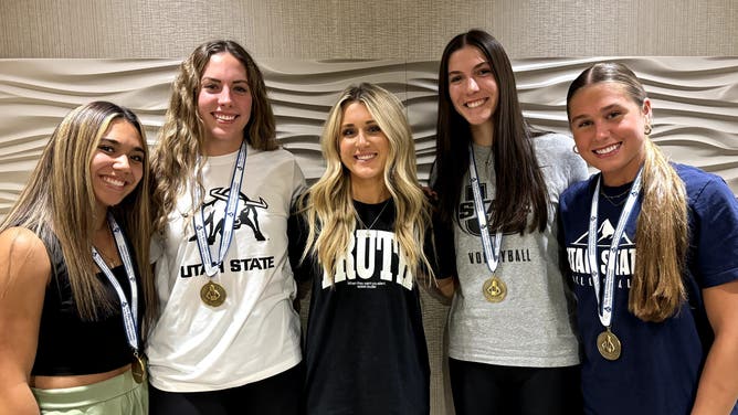 OutKick's Riley Gaines visited the Utah State volleyball team and gave them 