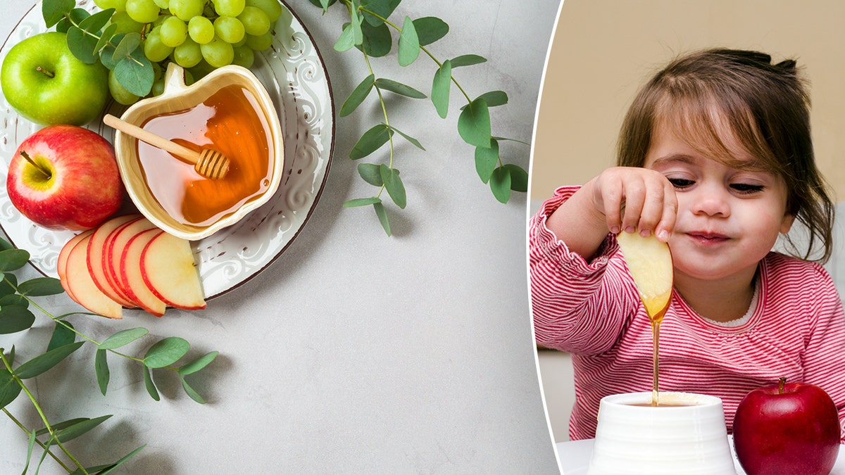 A Jewish girl adheres to a Rosh Hashanah tradition of dipping apples in honey.