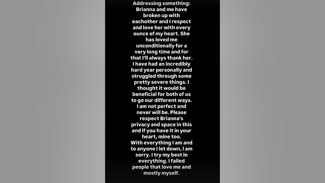 Zach Bryan announces he's broken up from his girlfriend Brianna Chickenfry. (Credit: Zach Bryan/Instagram Story)