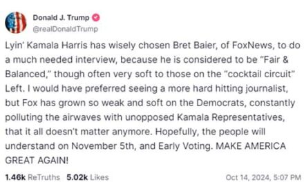 Desperate Kamala to sit down with Fox’s Bret Baier, Trump reacts